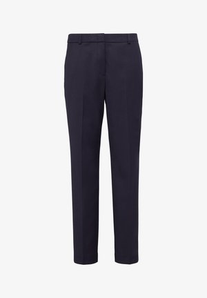 Navy tailored trousers with a flat front, hemmed bottom, and pleated design. Made from smooth fabric with belt loops and side pockets.