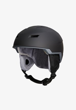 Schwarzer, mattierter Skihelm mit Belüftungsschlitzen, weichem grauem Innenfutter, gepolsterten Ohrenabdeckungen und verstellbarem Kinnriemen.
