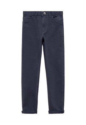 Jean droit bleu marine foncé avec revers roulés, bouton à l'avant et poches, sur fond blanc.