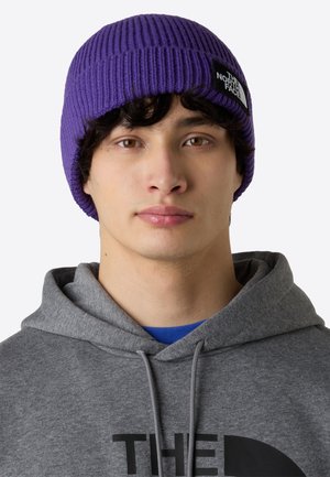 Purple knit beanie features a ribbed texture and a black logo patch. Worn with a grey hoodie, the design is simple and functional.