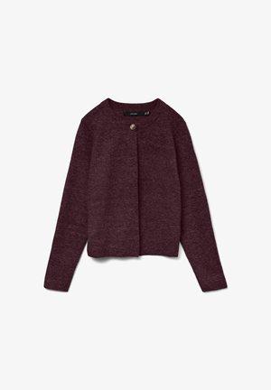 Burgundský svetr z pletené látky, s dlouhými rukávy, kulatým výstřihem a zapínáním na jediný knoflík vpředu. Hladká textura.