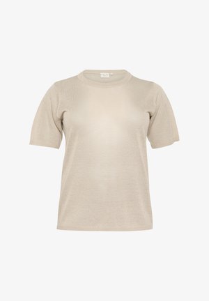 Beige short-sleeve knit t-shirt with a round neck and subtle texture. Soft fabric with a relaxed fit, no visible patterns or accents.