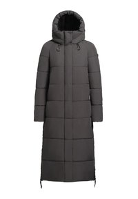 Cappotto piumino lungo di un grigio scuro, con cappuccio, caratterizzato da un design trapuntato, bottoni frontali e cordini regolabili all'orlo per una vestibilità su misura.