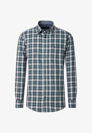 Kariertes Button-Down-Hemd aus Baumwolle, in den Farben Grün, Blau und Weiß, mit Kragen und langen Ärmeln.