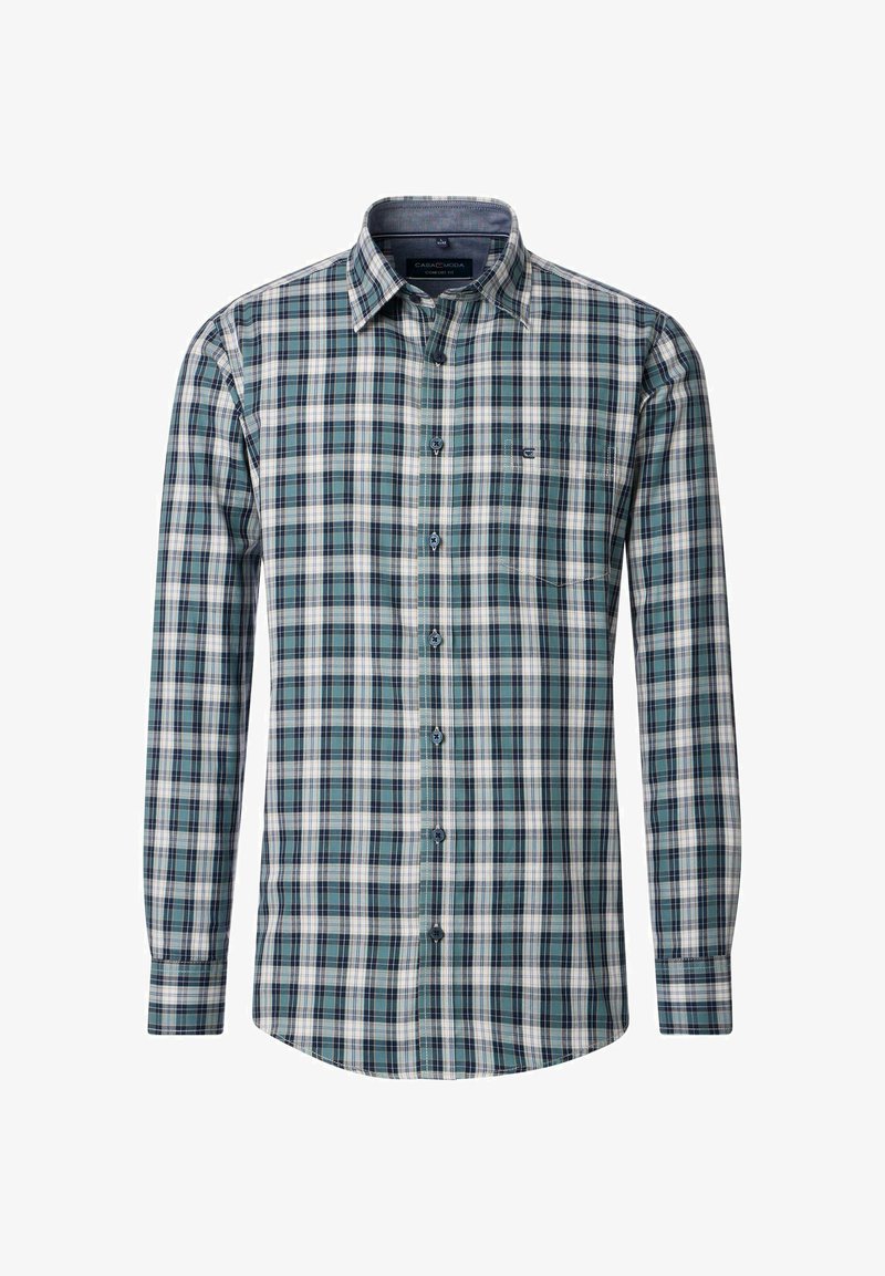 Kariertes Button-Down-Hemd aus Baumwolle, in den Farben Grün, Blau und Weiß, mit Kragen und langen Ärmeln.