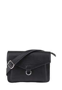 Borsa a tracolla in pelle nera con finitura texturizzata. Presenta una chiusura a pattina, hardware argentato, tracolla regolabile e un accento ad anello.