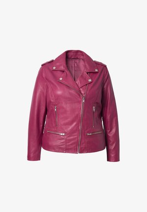 Fuchsia læder bikerjakke med sølvfarvet hardware, asymmetrisk lynlås, to frontlynlås-lommer og skulderepauleter. Glat tekstur.