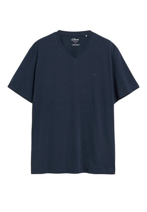 Granatowy bawełniany T-shirt z krótkim rękawem, dekoltem w serek i subtelnym logo s.Oliver na piersi, rozmiar XXL.