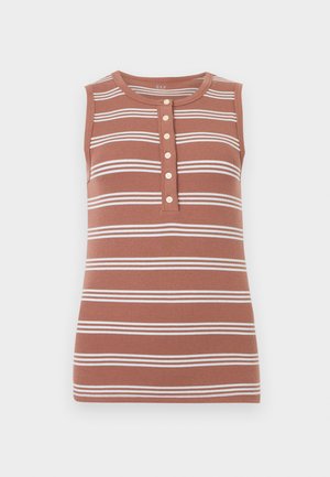 Varrukaseta soonikust top, millel on horisontaalsed valged triibud roostepunase taustal, ümar kaelus ja eesosas viis beežikat nööpi.