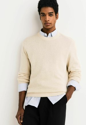 Jaunas vyras su trumpais garbanotais plaukais, dėvintis smėlio spalvos megztinį ant balto dryžuoto marškinio, juodus kelnes, stovintis prieš baltą sieną.