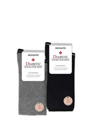 Two pairs of Occulto diabetic men's socks, one grey and one black, labeled vein-friendly with no elastic waistband for gentle support.