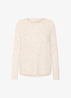 Világos rózsaszín, hosszú ujjú pulóver kerek nyakkivágással. Puha, texturált anyag finom mintázattal rendelkezik. Az alja enyhén ívelt.