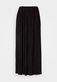 Falda midi negra plisada con cinturilla elástica, que presenta una textura suave y un diseño fluido, adecuada para un estilo versátil.