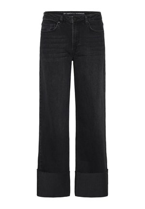 Black wide-leg jeans made of denim, featuring a raw hem and five-pocket design with a button closure at the waist.