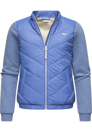 Blue jacket with a chevron quilted design on the upper body, light blue sleeves, a zippered front, and ribbed cuffs. Smooth texture.