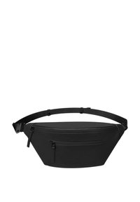 Marsupio nero con un design elegante e curvo. Realizzato in materiale resistente, presenta una tasca frontale con zip e una cintura regolabile per una vestibilità sicura.