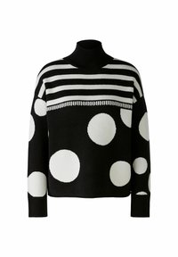 Schwarzer Pullover mit weißen horizontalen Streifen und großen Punkten. Hoher Kragen, lockere Passform, Stricktextur und gerippte Bündchen.