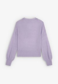 Lavendel gebreid sweater met lange, bolle mouwen en een geribbeld zoom. De achterkant heeft een eenvoudige, gladde textuur met een ronde halslijn.