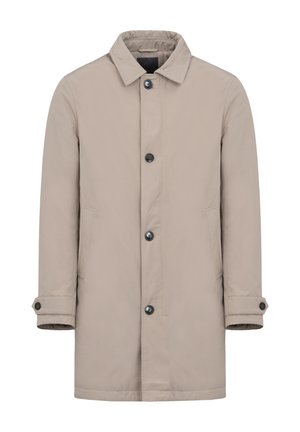 Chaqueta beige, ligera, con corte recto, cierre frontal de botones, dos bolsillos laterales y acentos de puños abotonados. Textura suave.