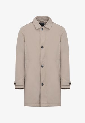 Beige, lightweight jacket with a straight cut, front button closure, two side pockets, and buttoned cuff accents. Smooth texture.