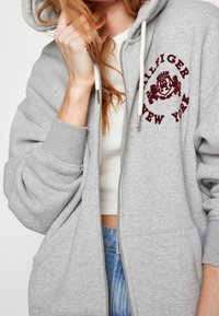 Gray zip-up hoodie made of soft fabric, featuring a burgundy logo print on the chest, white drawstrings, and a relaxed fit.