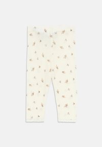 Ljusivor leggings med små blommönster, tillverkade av ett mjukt tyg, med elastisk midja och spetsdetaljer vid vristerna.