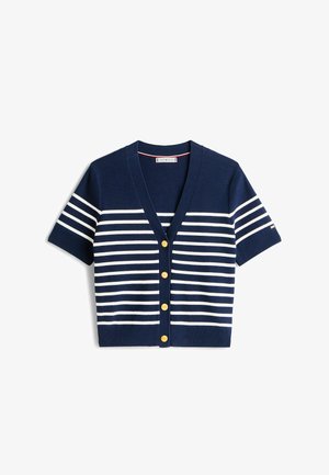 Navy blue short-sleeve cardigan with white horizontal stripes. Features a V-neck, five gold-tone buttons, and a ribbed hem. Soft texture.