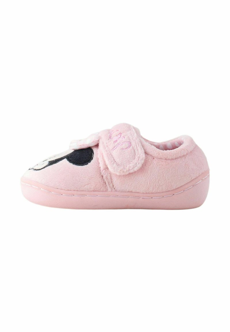 Pink plush slipper with a round toe, featuring a black character design on the front and a hook-and-loop closure for easy wear.