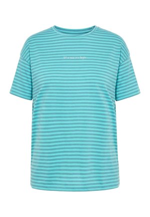 T-shirt turquoise à manches courtes avec des rayures horizontales turquoise plus claires et le texte blanc « let a new era begin » centré sur la poitrine.