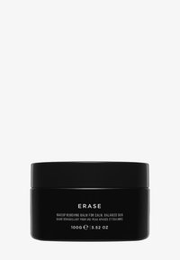 Czarny cylindryczny pojemnik na balsam do demakijażu, oznaczony napisem "ERASE", 100g. Posiada eleganckie matowe wykończenie i minimalistyczny design tekstu.