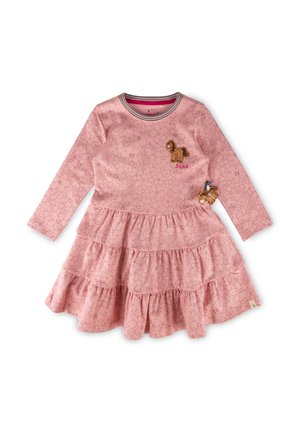 Vestito di cotone rosa con maniche lunghe, volants a strati, motivo floreale e dettagli di cavallo ricamati. Presenta un collo rotondo con bordo a righe.