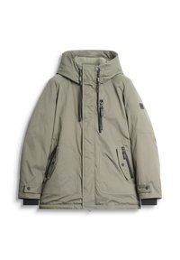Giacca a vento verde oliva con cappuccio, zip frontale, due tasche laterali e dettagli in zip nera. Tessuto liscio e coulisse regolabile.