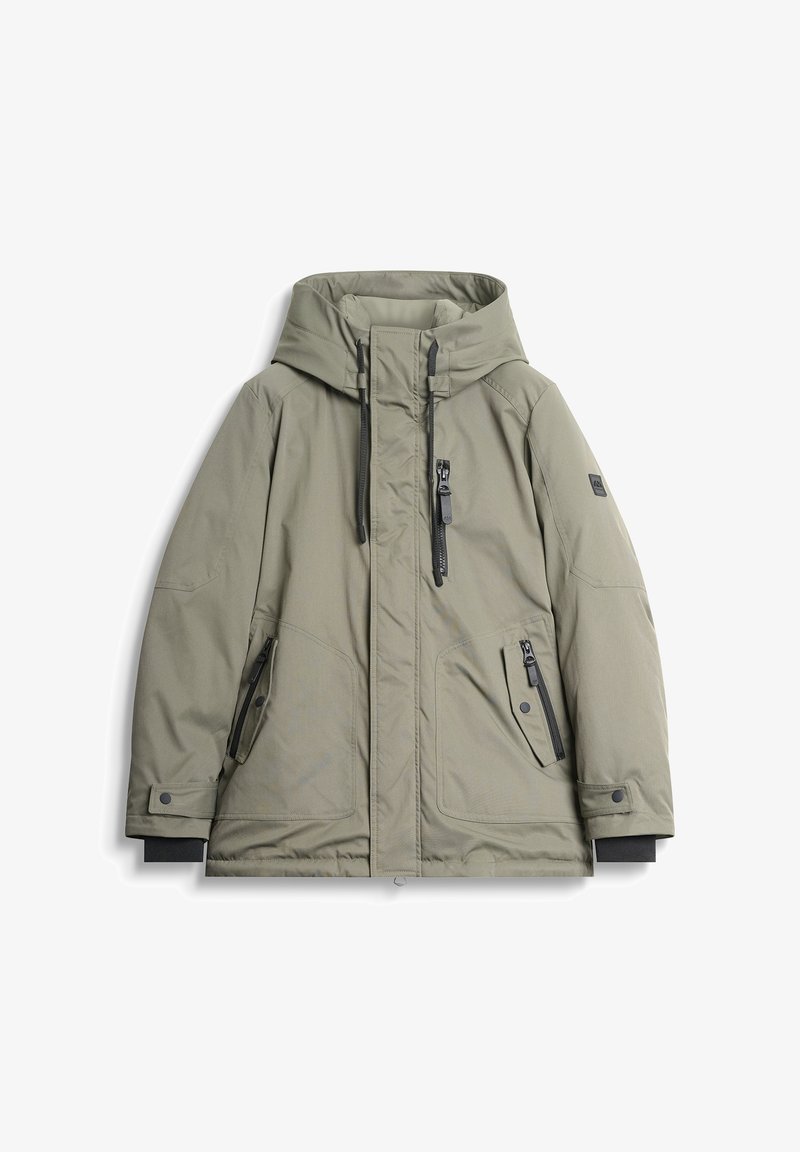 Olijfgroene hooded jacket met een ritssluiting aan de voorkant, twee zijzakken en zwarte ritsaccenten. Glad textuur en verstelbare koorden.