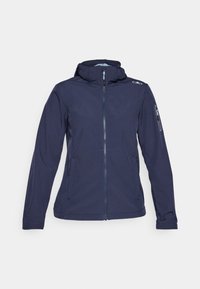 Veste bleu marine avec fermeture éclair à l'avant, col montant et capuche attachée. Comprend deux poches latérales et une poche zippée sur la manche. Texture douce et lisse.