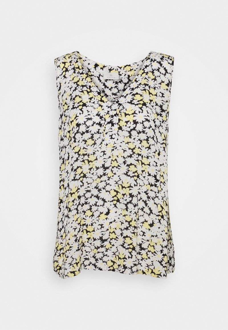 Floral sleeveless blouse featuring a black background with white and yellow daisy patterns. V-neckline and loose fit design.