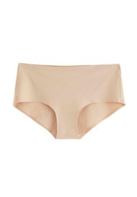 Beige, korkeavyötäröiset bikinit, jotka on valmistettu sileästä, joustavasta kankaasta; sisältää leveät sivupaneelit ja minimaalista sauman yksityiskohtaa.