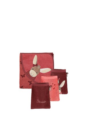 Set of four pink and maroon baby towels with donkey designs and butterfly accents, including a hooded towel and washcloths.