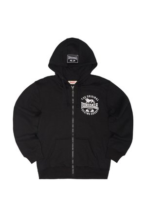 Felpa nera con zip, tasche frontali e cappuccio, con logo bianco "Lonsdale London Boxing Goods" sul petto e toppa sul cappuccio.