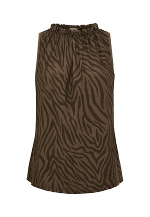 Ærmeløs top med mørkebrune og sorte zebrastriber og en rynket, elastisk hals.