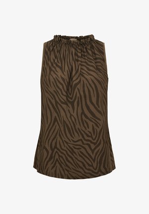 Ærmeløs top med mørkebrune og sorte zebrastriber og en rynket, elastisk hals.