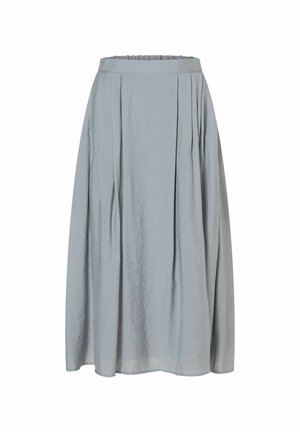 Une jupe plissée longueur genou en tissu gris clair. Elle présente une texture lisse et une large ceinture pour plus de confort.