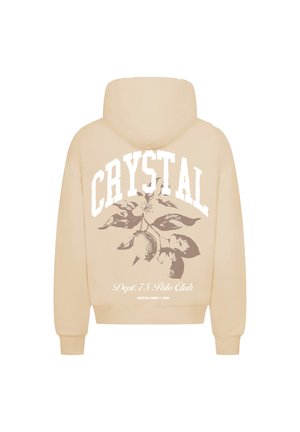 Beige hoodie met een grote print van "CRYSTAL" en een botanische grafiek met bladeren en citroenen op de achterkant. Inclusief geribde manchetten en zoom.