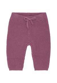 Strickbabypant in Mauve mit einem gerippten Bund und gebundenem Zugband, ausgestattet mit einem strukturierten Muster und gerippten Bündchen.