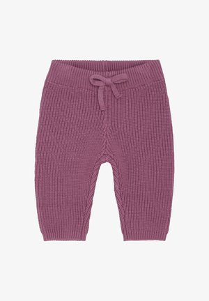 Strickbabypant in Mauve mit einem gerippten Bund und gebundenem Zugband, ausgestattet mit einem strukturierten Muster und gerippten Bündchen.