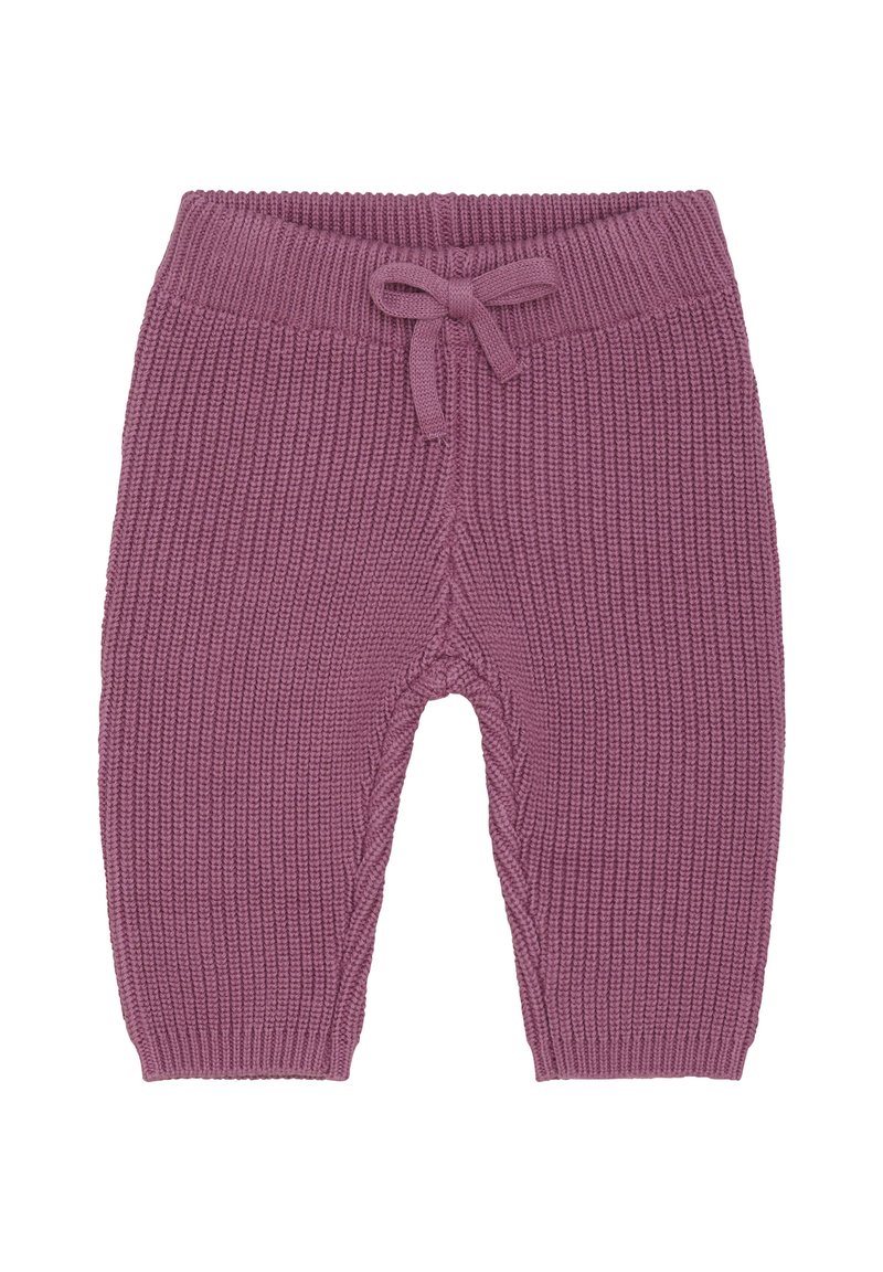 Strickbabypant in Mauve mit einem gerippten Bund und gebundenem Zugband, ausgestattet mit einem strukturierten Muster und gerippten Bündchen.