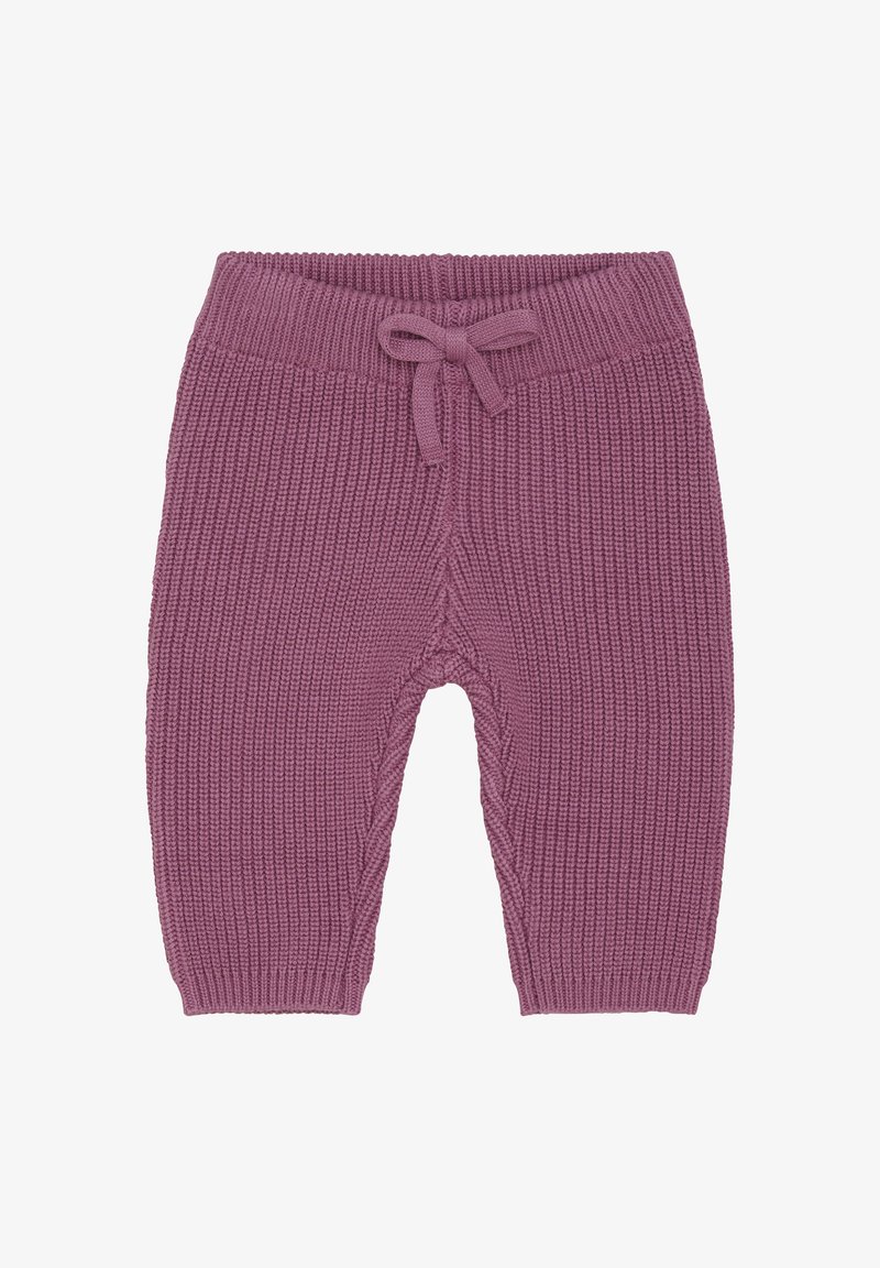 Strickbabypant in Mauve mit einem gerippten Bund und gebundenem Zugband, ausgestattet mit einem strukturierten Muster und gerippten Bündchen.