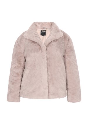 Faux-Fur-Jacke in sanftem Beige mit kragenlosem Ausschnitt, langen Ärmeln und einer Knopfleiste. Weicher Stoff und lockere Passform.