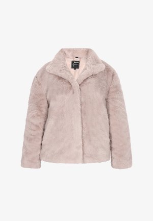 Nepbont jasje in zacht beige met een kraag, lange mouwen en een knoopsluiting aan de voorkant. Pluche textuur en een relaxte pasvorm.