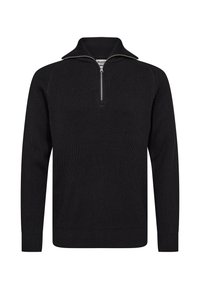 Svart ribbad stickad tröja med halvdragkedja, långa ärmar och en åtsittande fåll, med en texturerad tyg för värme.