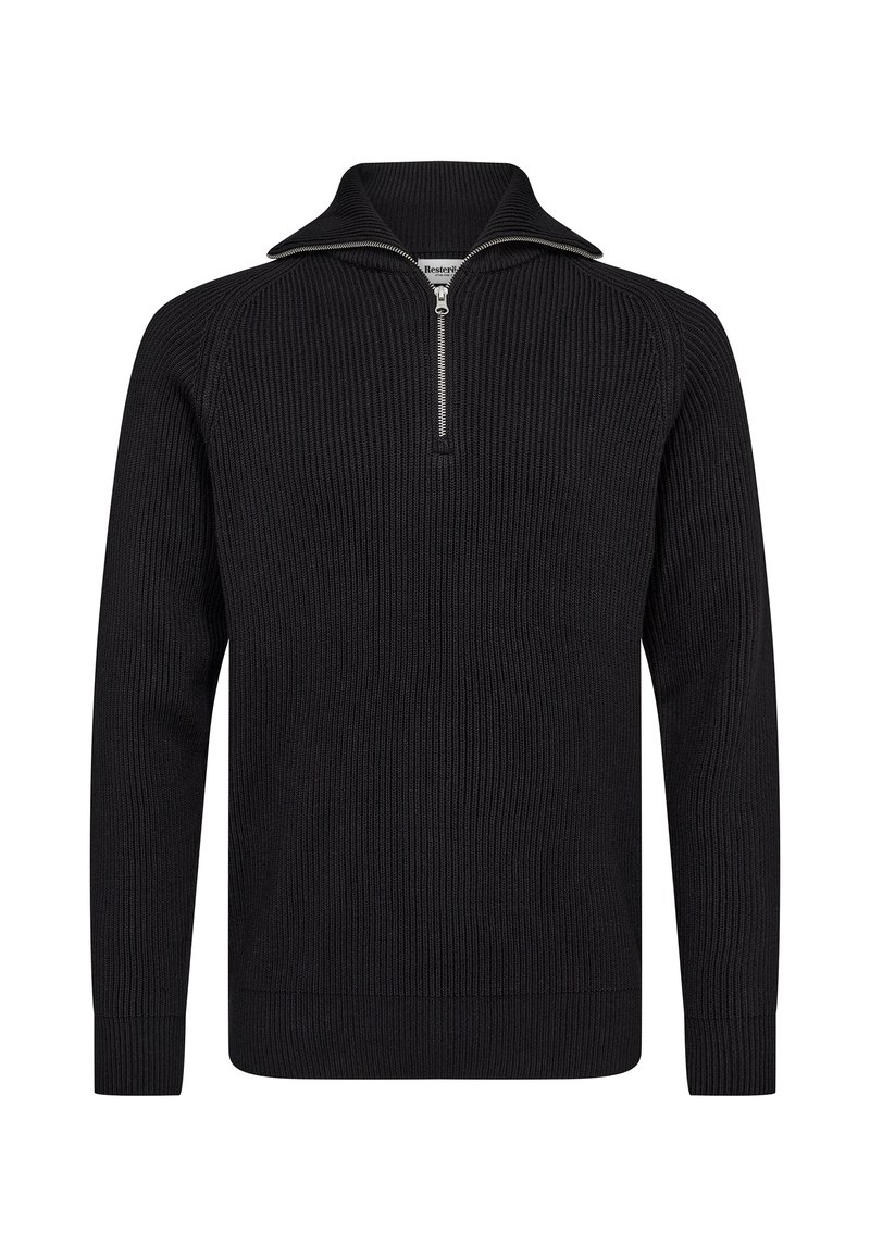 Svart ribbad stickad tröja med halvdragkedja, långa ärmar och en åtsittande fåll, med en texturerad tyg för värme.